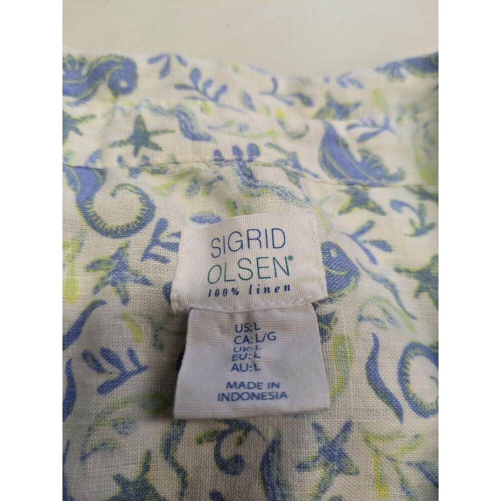 Sigrid Olsen 100% Linen Tunic Button Up Shirt Sea Horse Nautical Starfish Large - Picture 9 of 13